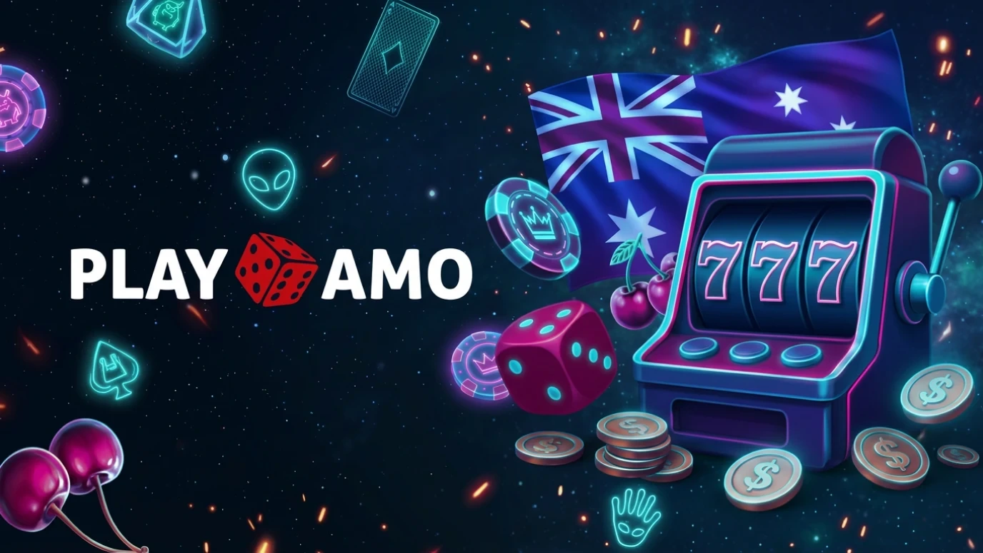 Playamo online casino branding with slot machine reels and welcome bonus prize box
